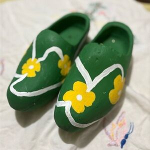 Vintage Green Floral Painted Clogs